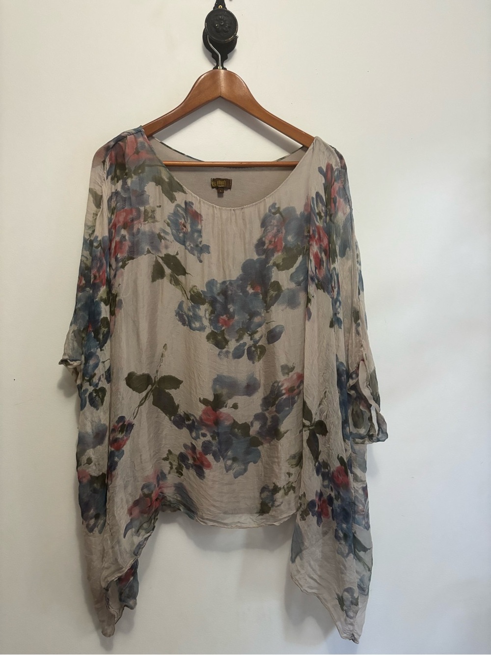 100% Silk Cream Floral Tunic Top with Blue & Pink Blooms